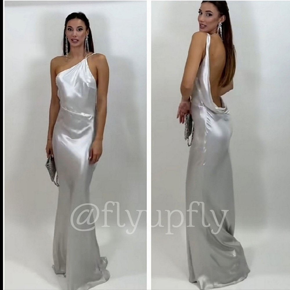 Zara Silver One-Shoulder Satin Maxi Dress